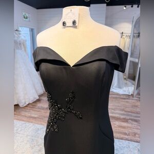 MARSONI By Colors MV1003 Black Off-Shoulder Satin Fit & Flare Dress, Size 10